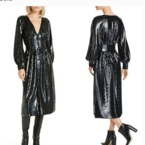 Joie Kyria B Black Caviar Plunge Neckline Sequin Midi Dress Balloon Sleeve SZ 4